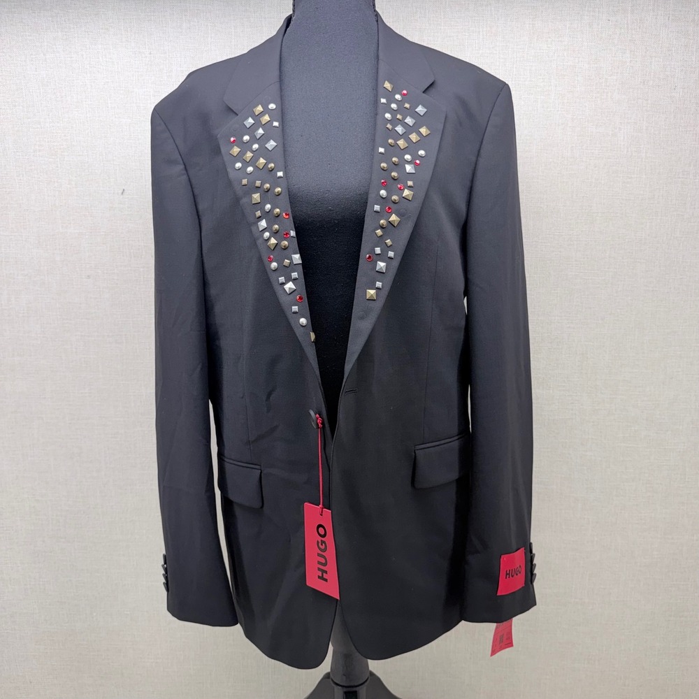 Hugo Boss Hannes241F1X Studded Lapel Slim Fit Blazer Black Mens 38R NWT